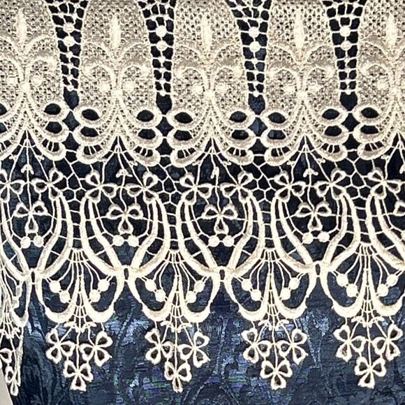 Vintage In The Mood SZ 8 Teal Satin Brocade Crochet Cape Collar Midi Dress 80's - Picture 8 of 9